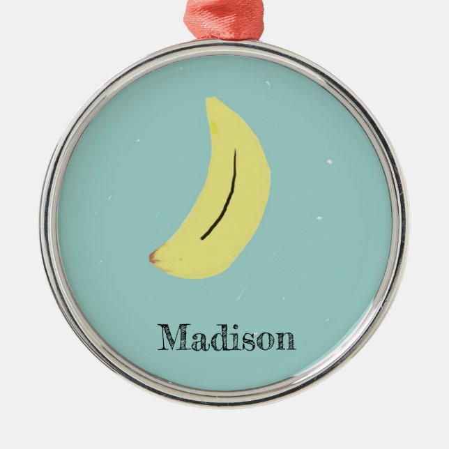 Custom name painted banana on blue metal ornament (Front)