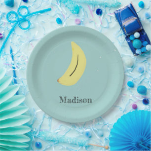 Custom name painted banana on blue paper plate