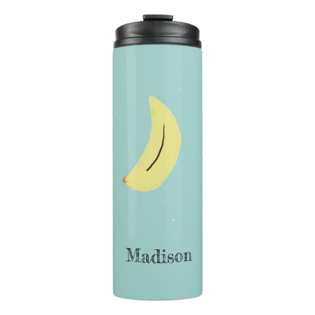 Custom name painted banana on blue thermal tumbler (Front)