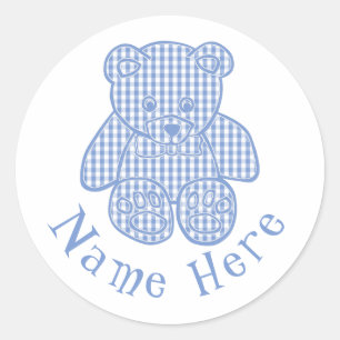 Custom Name Pale Blue Pastel Gingham Teddy Bear Classic Round Sticker