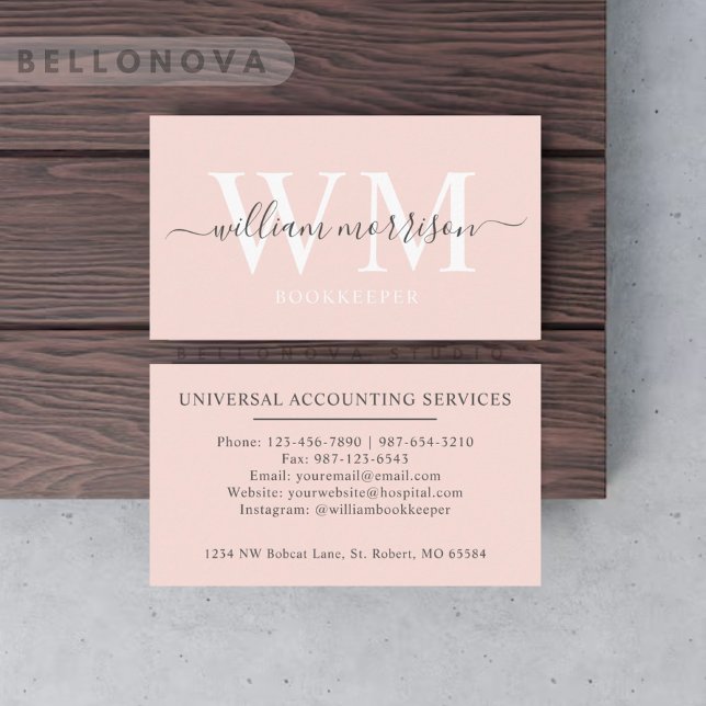 Custom Name Pale Pastel Pink White Black Monogram Business Card (Custom Name Pale Pastel Pink White Black Monogram Business Card)