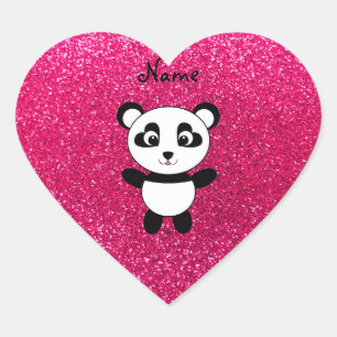 Custom name panda pink glitter heart sticker