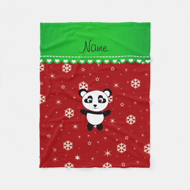 Custom name panda red snowflakes green stripe fleece blanket (Front)