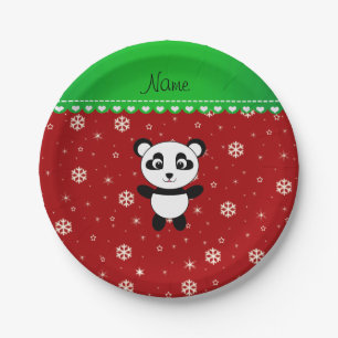 Custom name panda red snowflakes green stripe paper plate