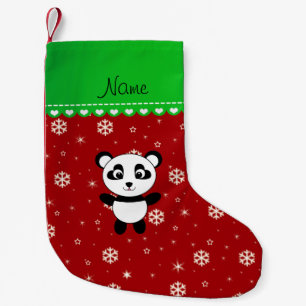 Custom name panda red snowflakes green stripe small christmas stocking