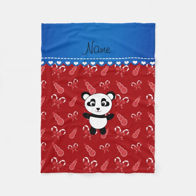 Custom name panda red snowmen candy canes fleece blanket (Front)