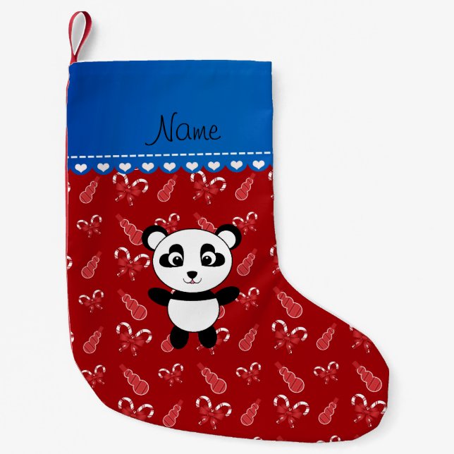 Custom name panda red snowmen candy canes small christmas stocking (Front)