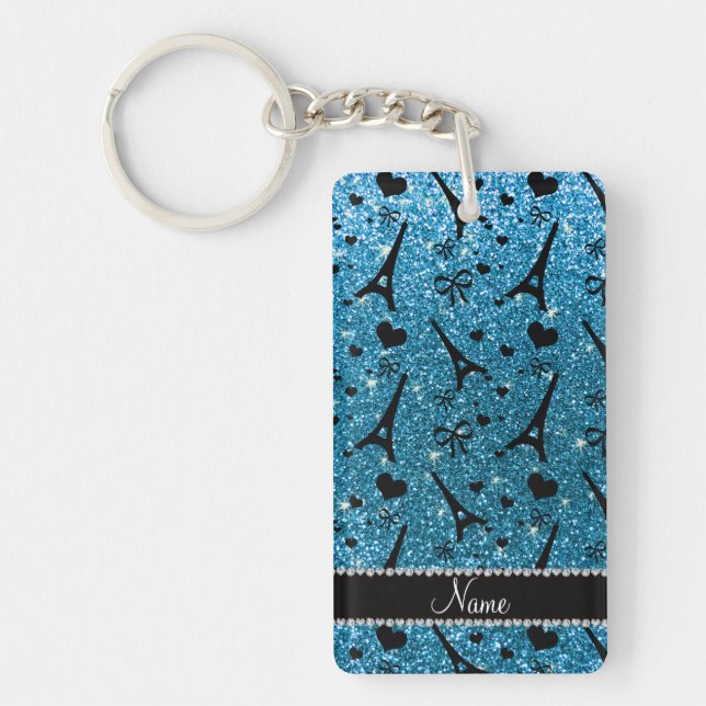 Custom name paris eiffel tower sky blue glitter key ring (Front)