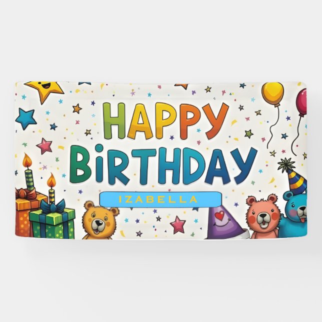 Custom Name Party Backdrop with Cute Bears and Bal Banner (Horizontal)