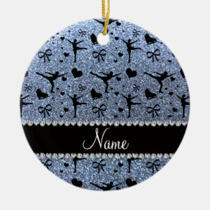 Custom name pastel blue glitter figure skating ceramic tree decoration