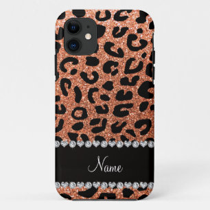 Custom name pastel orange glitter cheetah print iPhone 11 case