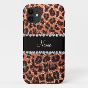 Custom name pastel orange glitter leopard print iPhone 11 case