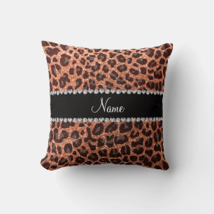 Custom name pastel orange glitter leopard print cushion
