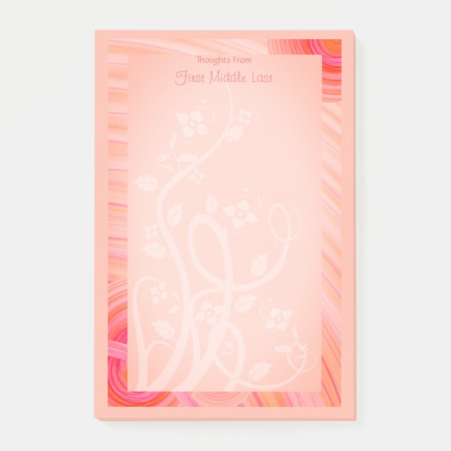Custom Name Pastel Orange Pink White Spiral Vine Post-it Notes (Front)