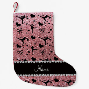 Custom name pastel pink glitter figure skating small christmas stocking