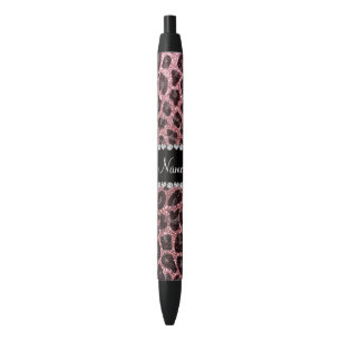 Custom name pastel pink glitter leopard print black ink pen