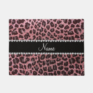 Custom name pastel pink glitter leopard print doormat
