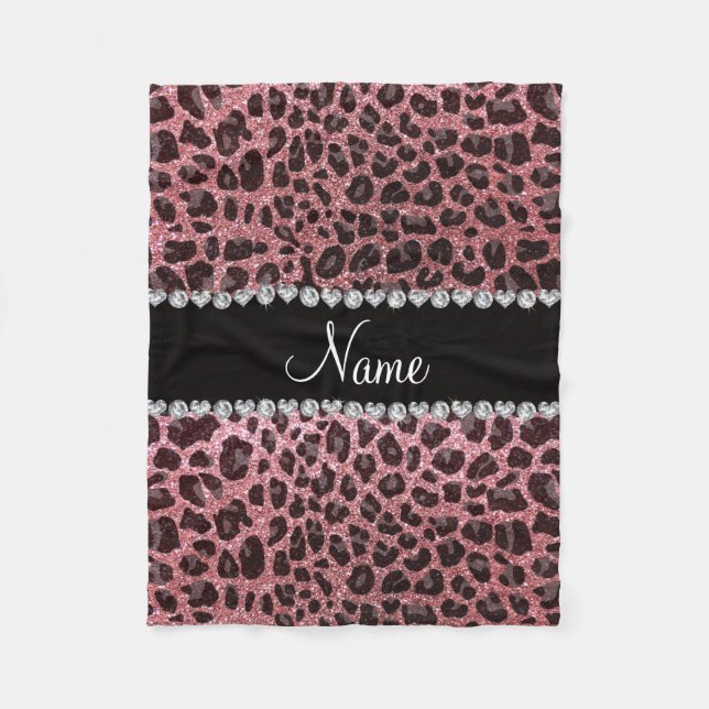 Custom name pastel pink glitter leopard print fleece blanket (Front)
