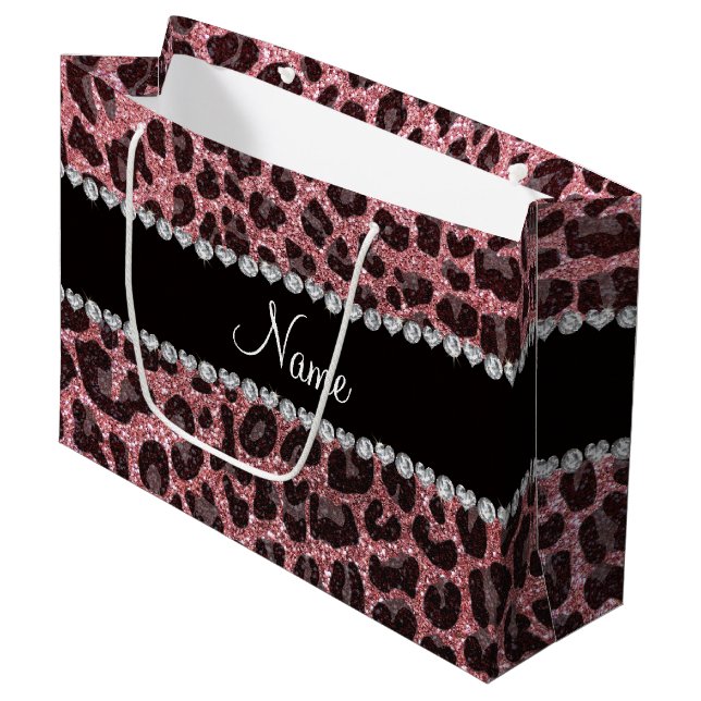 Custom name pastel pink glitter leopard print large gift bag (Front Angled)