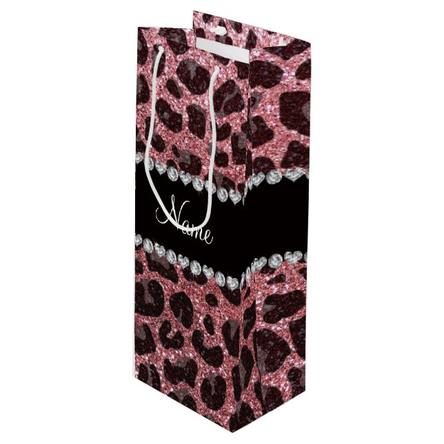 Custom name pastel pink glitter leopard print wine gift bag (Front Angled)