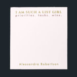 Custom Name Pastel Pink Gold Typography Minimalist Notepad<br><div class="desc">Elegant stylish chic minimalist premium look personalised notepad for the unapologetic list maker. Delicate pastel pink feminine girly background and classy golden typography. Add your name and custom text, for example the phrase I AM SUCH A LIST GIRL that resonates so well with some of us. We want to be...</div>