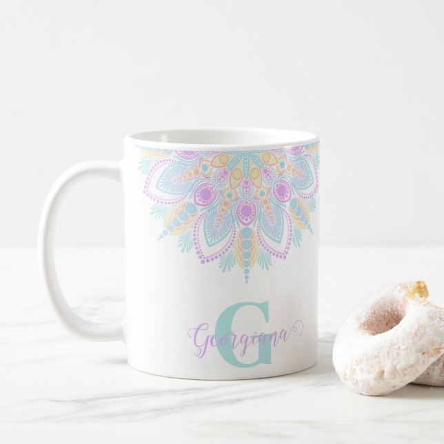 Custom Name Pastel Rainbow Floral Sundae Mandala Coffee Mug (With Donut)