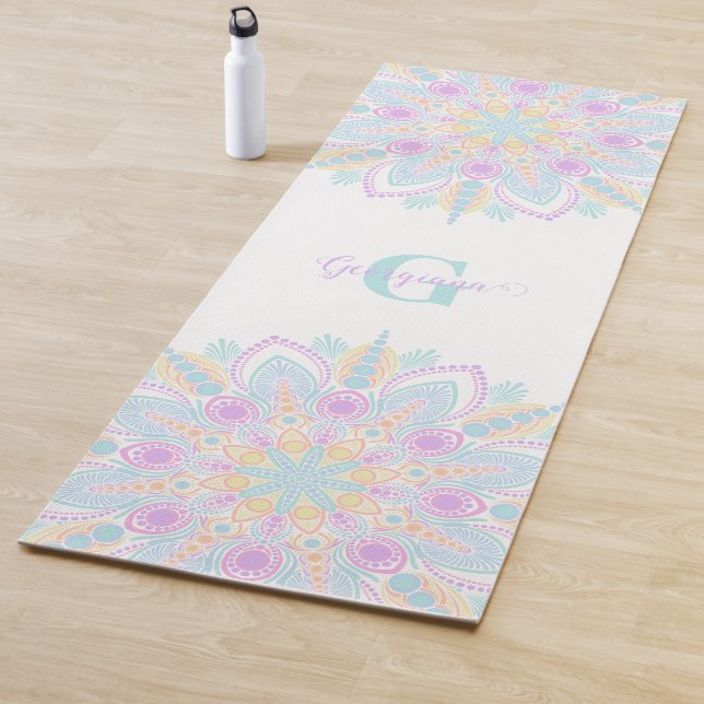 Custom Name Pastel Rainbow Floral Sundae Mandala Yoga Mat (In Situ)
