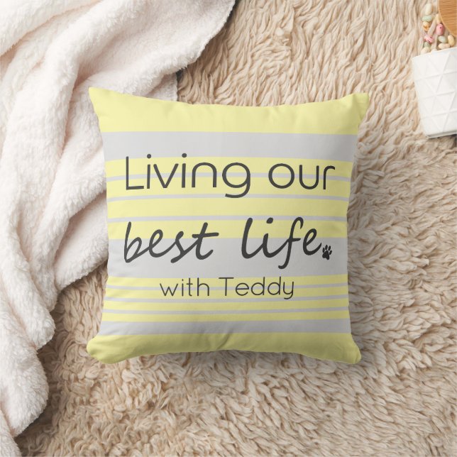Custom Name Pastel Yellow and Light Grey Stripe Cushion (Blanket)