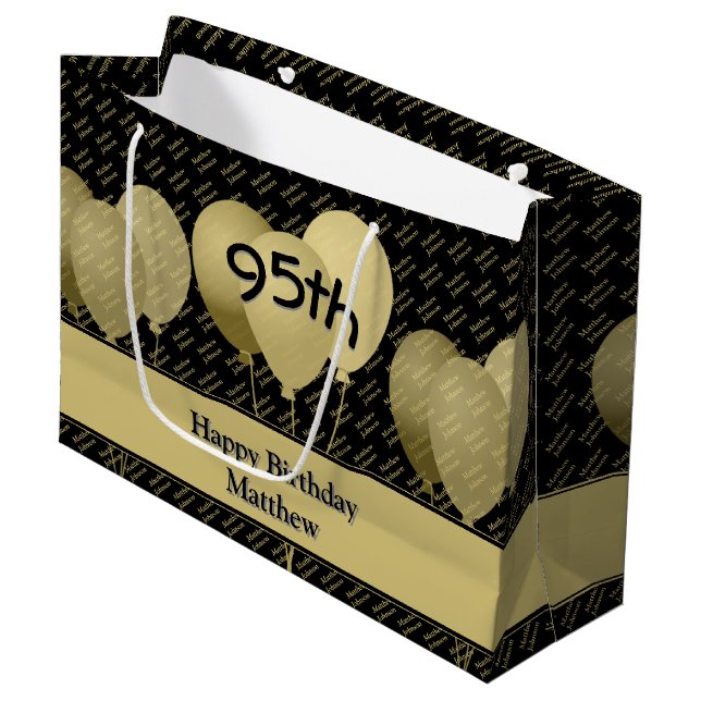 Custom Name Pattern - Gold/Black Balloons Large Gift Bag (Front Angled)