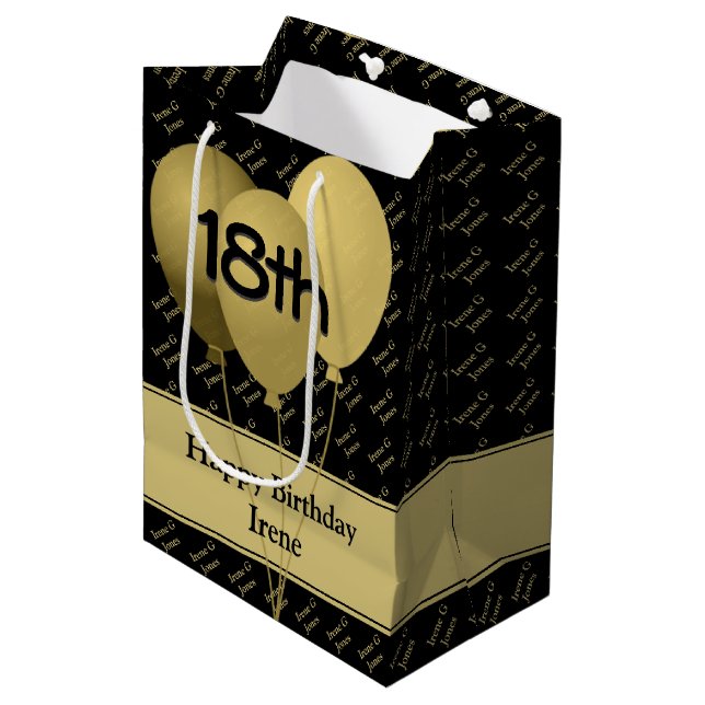 Custom Name Pattern - Gold/Black Balloons Medium Gift Bag (Front Angled)