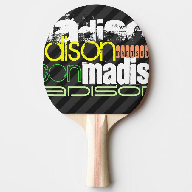 Custom Name Pattern on Black & Grey Stripes Ping Pong Paddle (Front)