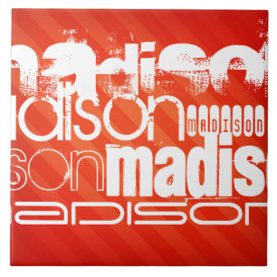 Custom Name Pattern on Neon Orange Stripes Ceramic Tile