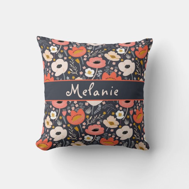 Custom name pattern with flowers and leaves cushion (Front)
