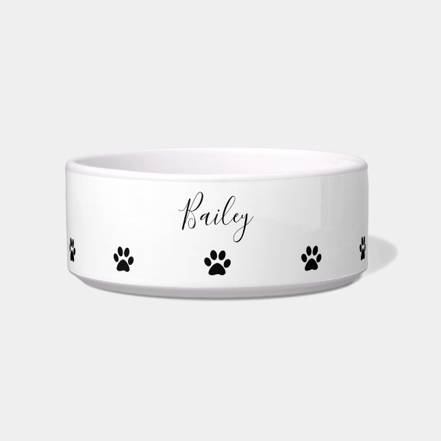 Custom Name Paw Prints Patterns Black White Trendy Bowl (Front)