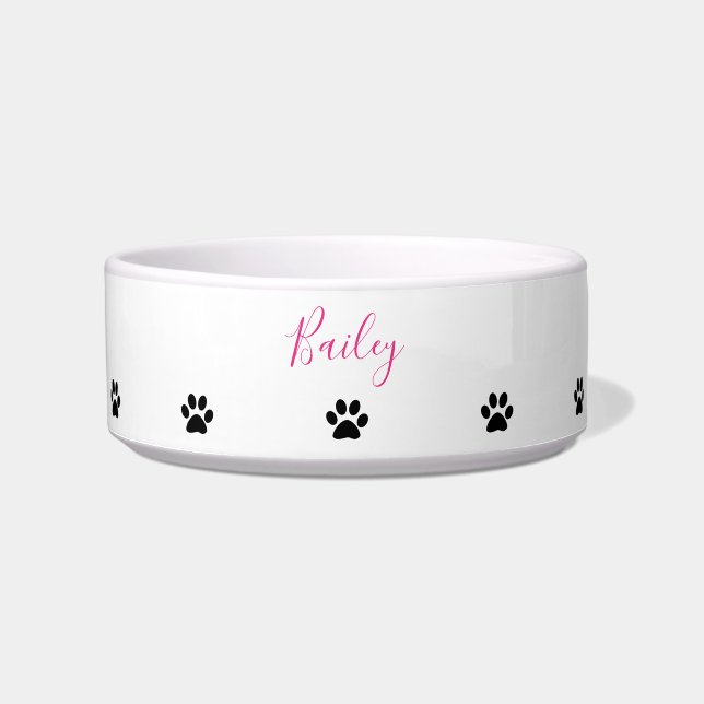 Custom Name Paw Prints Patterns Pink Black White Bowl (Front)