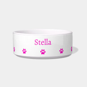 Custom Name Paw Prints Patterns Pink White Cute Bowl