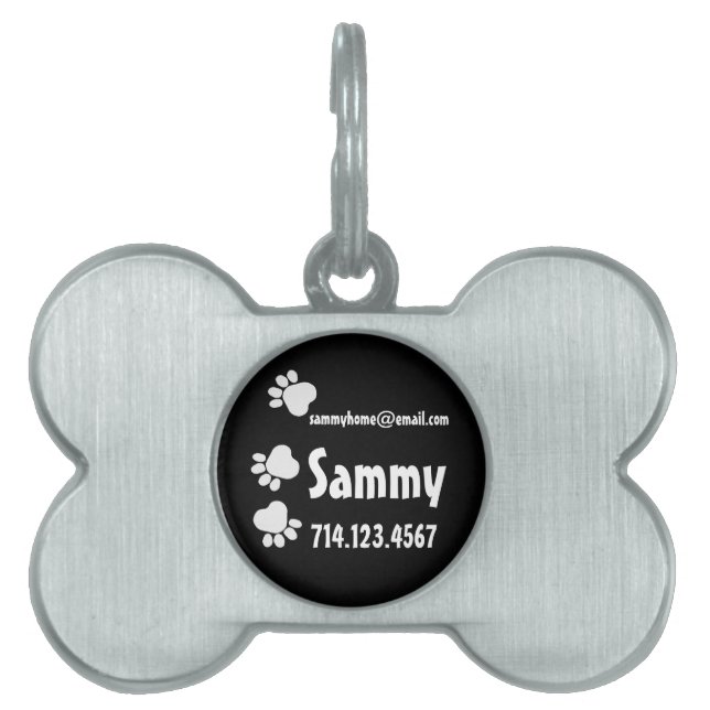 Custom Name Paw Prints Silver Bone Dog Tag (Front)