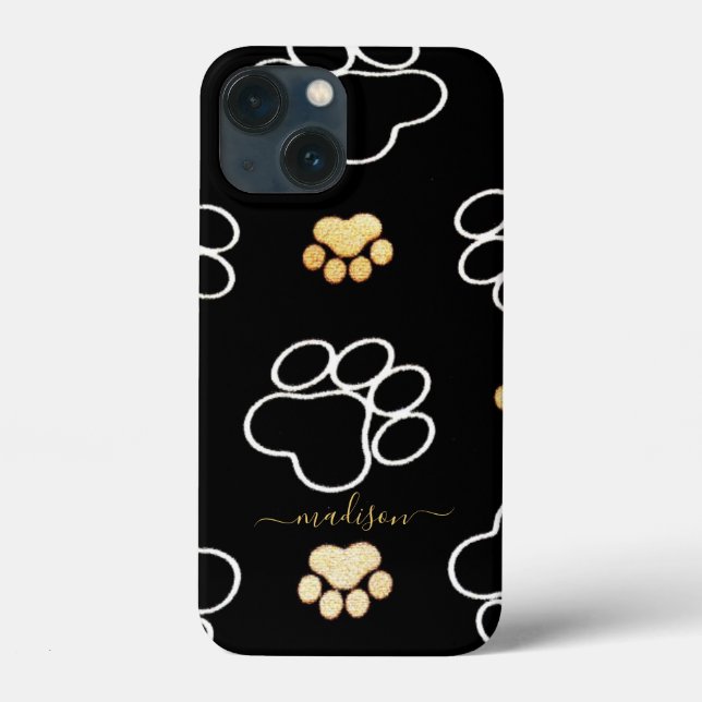 Custom Name Pawprint Modern Black And Gold Case-Mate iPhone Case (Back)