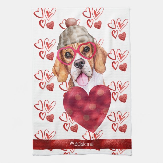 Custom Name Paws Dog Lover Valentine Gift Beagle Tea Towel (Vertical)