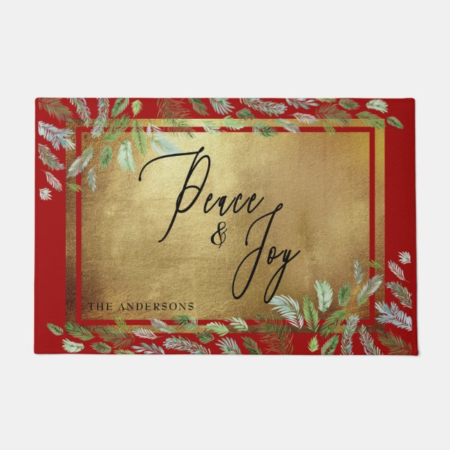 Custom Name Peace & Joy Gold & Red Christmas Doormat (Front)