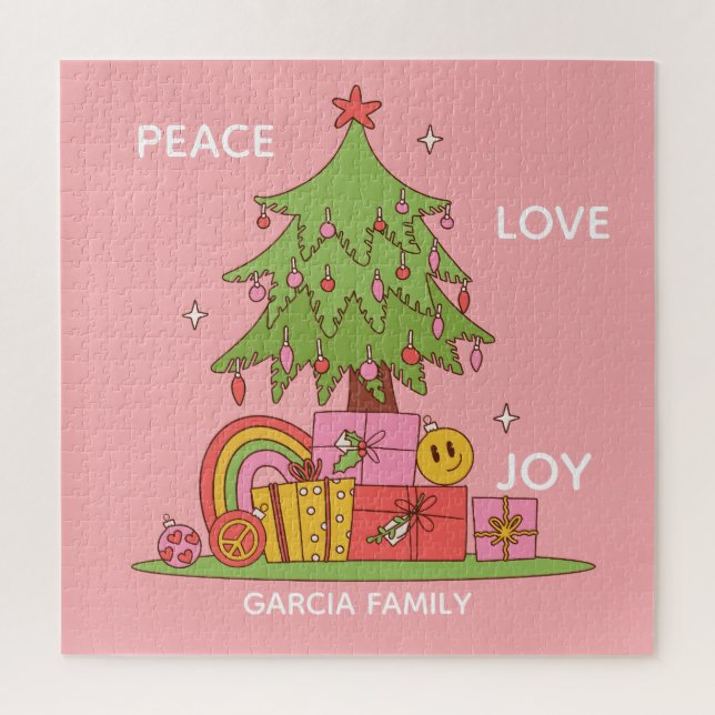 Custom Name Peace, Love & Joy Retro Christmas Tree Jigsaw Puzzle (Vertical)