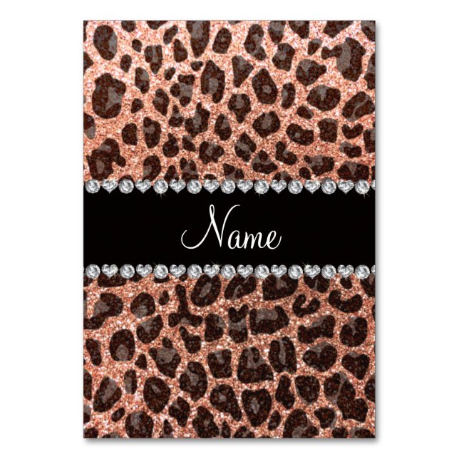 Custom name peach orange glitter leopard print table number (Front)