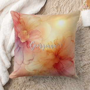 Custom Name Peach Raspberry Floral Alcohol Ink Art Cushion