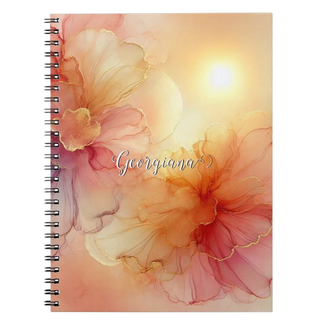Custom Name Peach Raspberry Floral Alcohol Ink Art Notebook (Front)