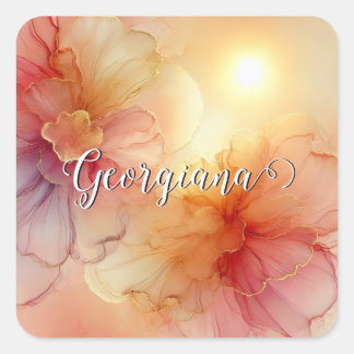 Custom Name Peach Raspberry Floral Alcohol Ink Art Square Sticker