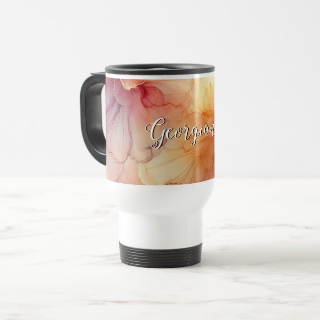 Custom Name Peach Raspberry Floral Alcohol Ink Art Travel Mug (Front Left)