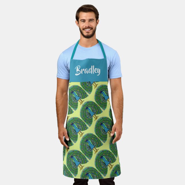 Custom name peacock pattern apron (Worn)