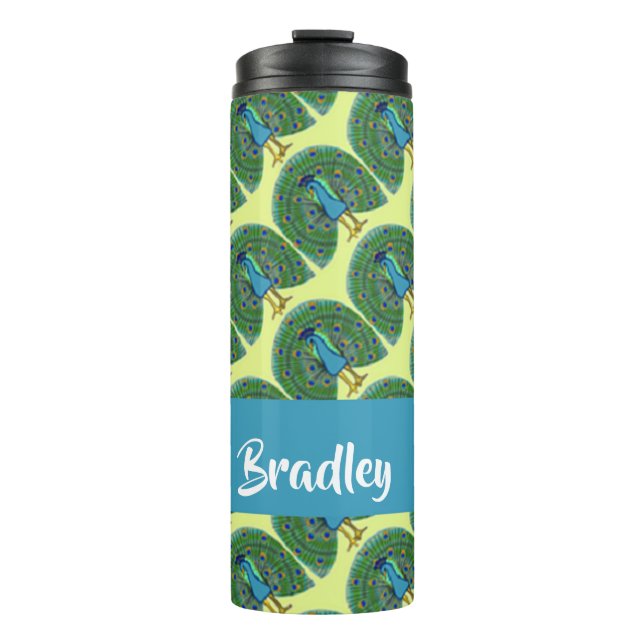 Custom name peacock pattern thermal tumbler (Front)
