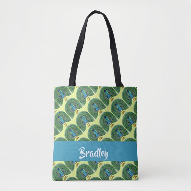 Custom name peacock pattern tote bag (Front)