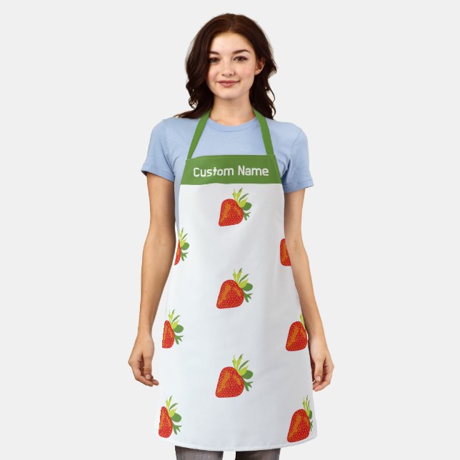 Custom Name Personalised Aprons, Red Strawberry Apron (Worn)